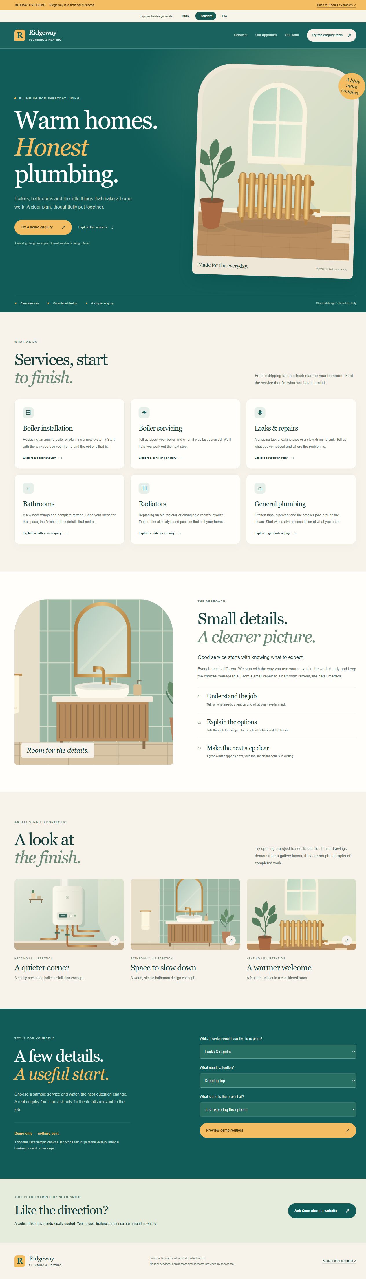 Standard tier: teal and gold website with coordinated type and service icons for fictional Ridgeway